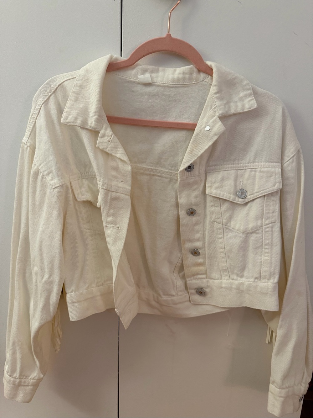 Cropped Fringe White Jean Jacket